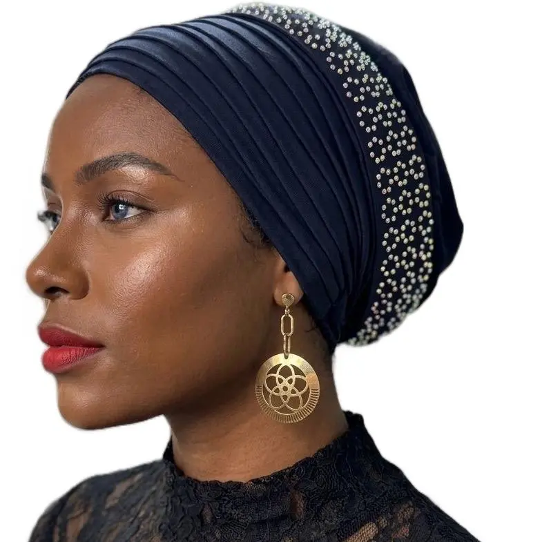 Padded Body Pleat Turban with Stones - Lightweight Head Scarves, Fashion Hair Scarves, Hairwraps for Engagement, Anniversary, Casual Everyday All-Seasons Fashion Accessory