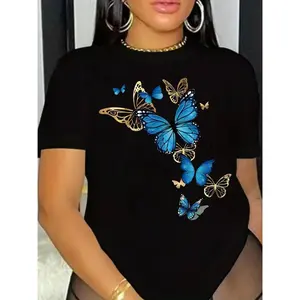 Summer Short Sleeve Crew Neck Casual Butterfly Print T-Shirt - Women's Clothing for Spring