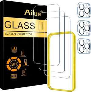 Ailun iPhone 15 Pro Screen Protector 3 Pack + Camera Lens Protector | 9H HD Tempered Glass with Installation Frame (Case Friendly)