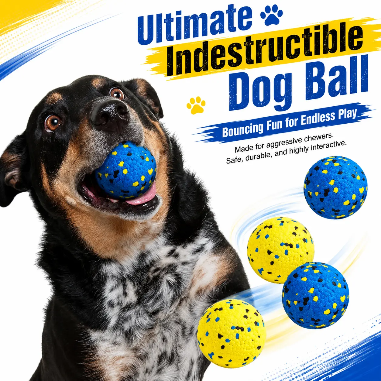 Durable ETPU Foam Herding Dog Ball Toy - Chew Resistant, Aggressive Chewer Approved, High Bounce, Squeaky, Speckled Bright Colors, Floats, Plaque Scraping, Gum-Massaging, Interactive Fetch for Medium-Large Dogs - Beach, Backyard Play