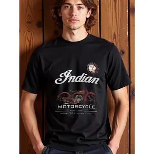 Bulk Vintage Indian Motorcycle Graphic T-Shirts for Men - Black Retro Biker Tee with Red/White Design, 1901-1948 Heritage, Regular Fit Short Sleeve, Machine Washable Casual Shirt for Motorcycle Enthusiasts