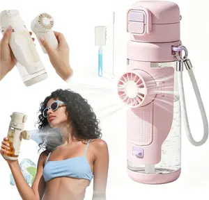 2-in-1 Water Bottle with Built-In Foldable Fan, USB-C Rechargeable 3-Speed Cooling Cup with Straw, 23oz Portable Cooling Dual Drinking Cup for Summer Beach, Camping, Hiking & Outdoor Sports (pink)