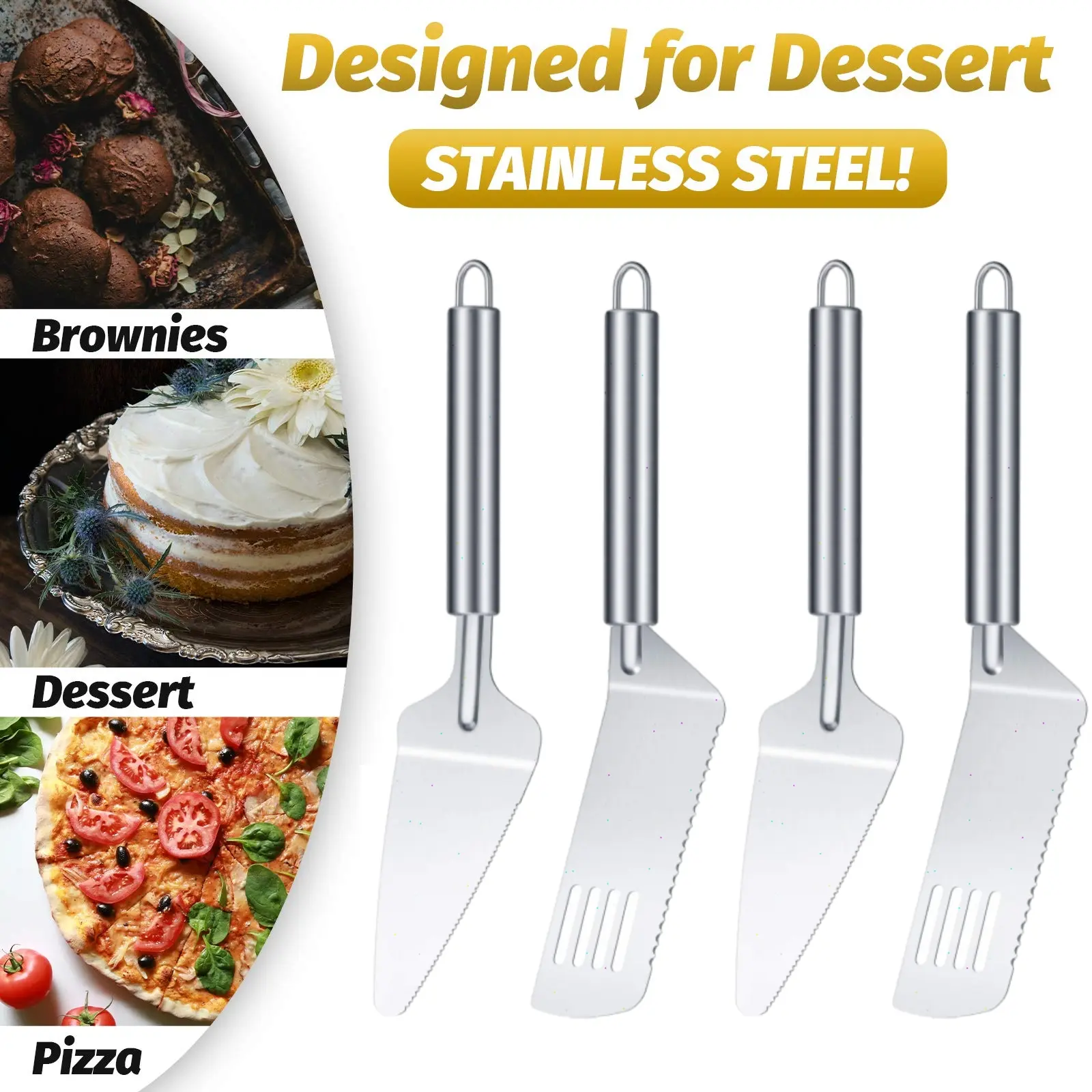 4 Pack Pizza Spatula Pie Server Stainless Steel Cake Serving Spatula Non Slip Easy To Grip Baking Triangular Spade Plastic Handle Shovel for Desserts Pizza Pie Cake Biscuit