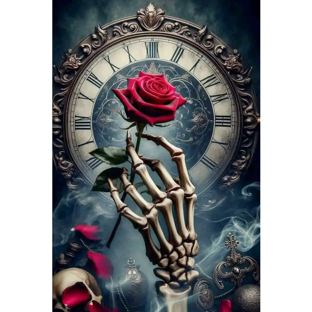 DIY 5D Diamond Painting Kit - Clock Skull Rose Design, Full Drill Round Rhinestone Art, Craft & Embroidery Set for Home Wall Decor, Handcraft