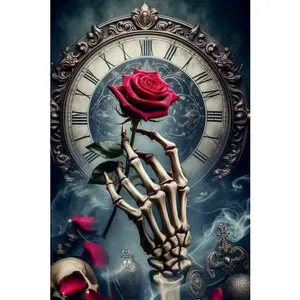 DIY 5D Diamond Painting Kit - Clock Skull Rose Design, Full Drill Round Rhinestone Art, Craft & Embroidery Set for Home Wall Decor, Handcraft