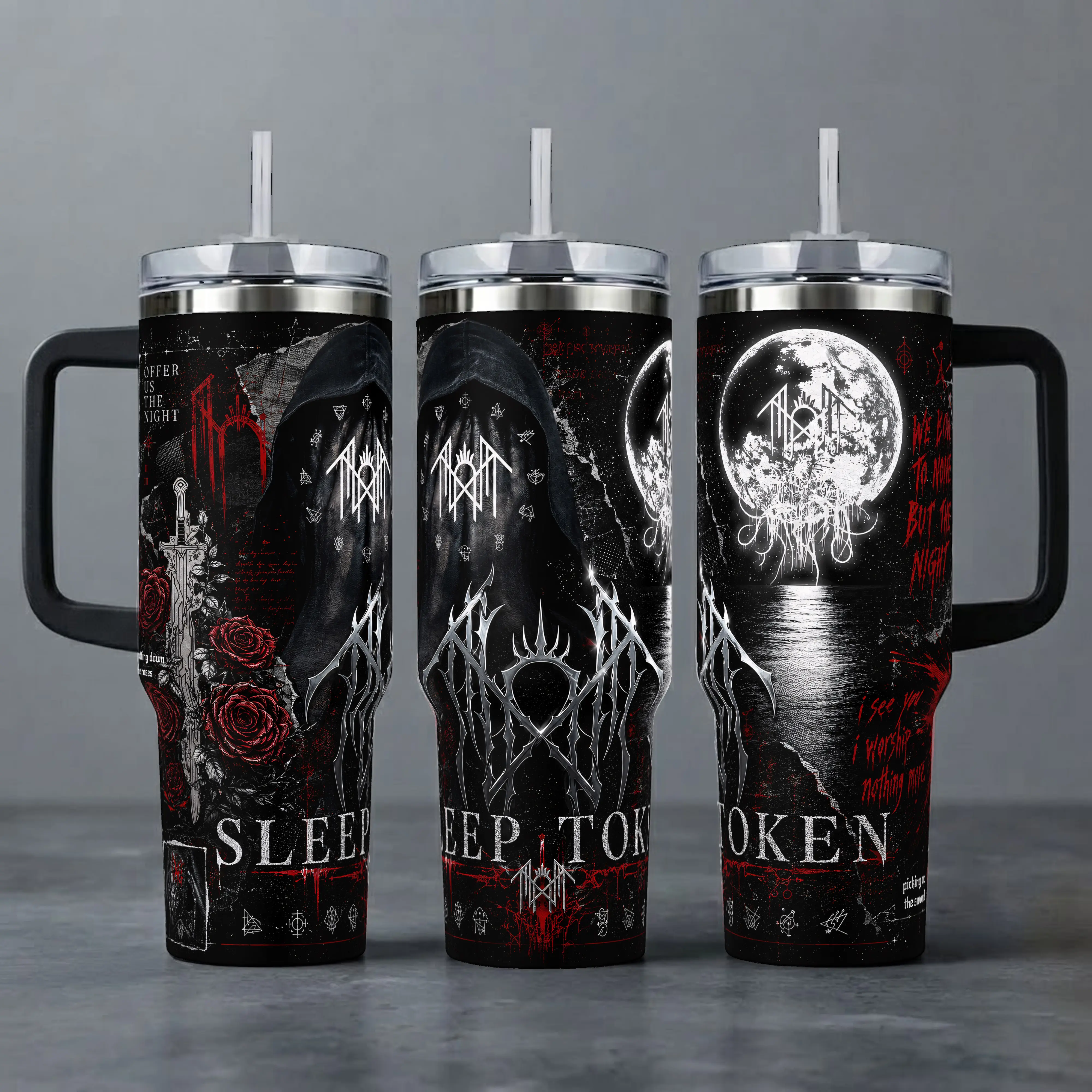 Sleep Token Band Offering Us The Night 40 20 oz Insulated Tumbler Stainless Steel Handle Straw Keeps Drinks Hot Cold Alternative Rock Merch For Music Fans Drinkware Tumbler Water Bottles Portable Bottled