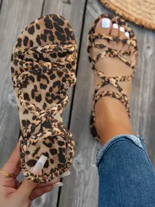Women's Fashion Leopard Print Flat Sandals, Cross Strap Design, Comfortable Versatile Shoes for Indoor Outdoor Vacation Beach