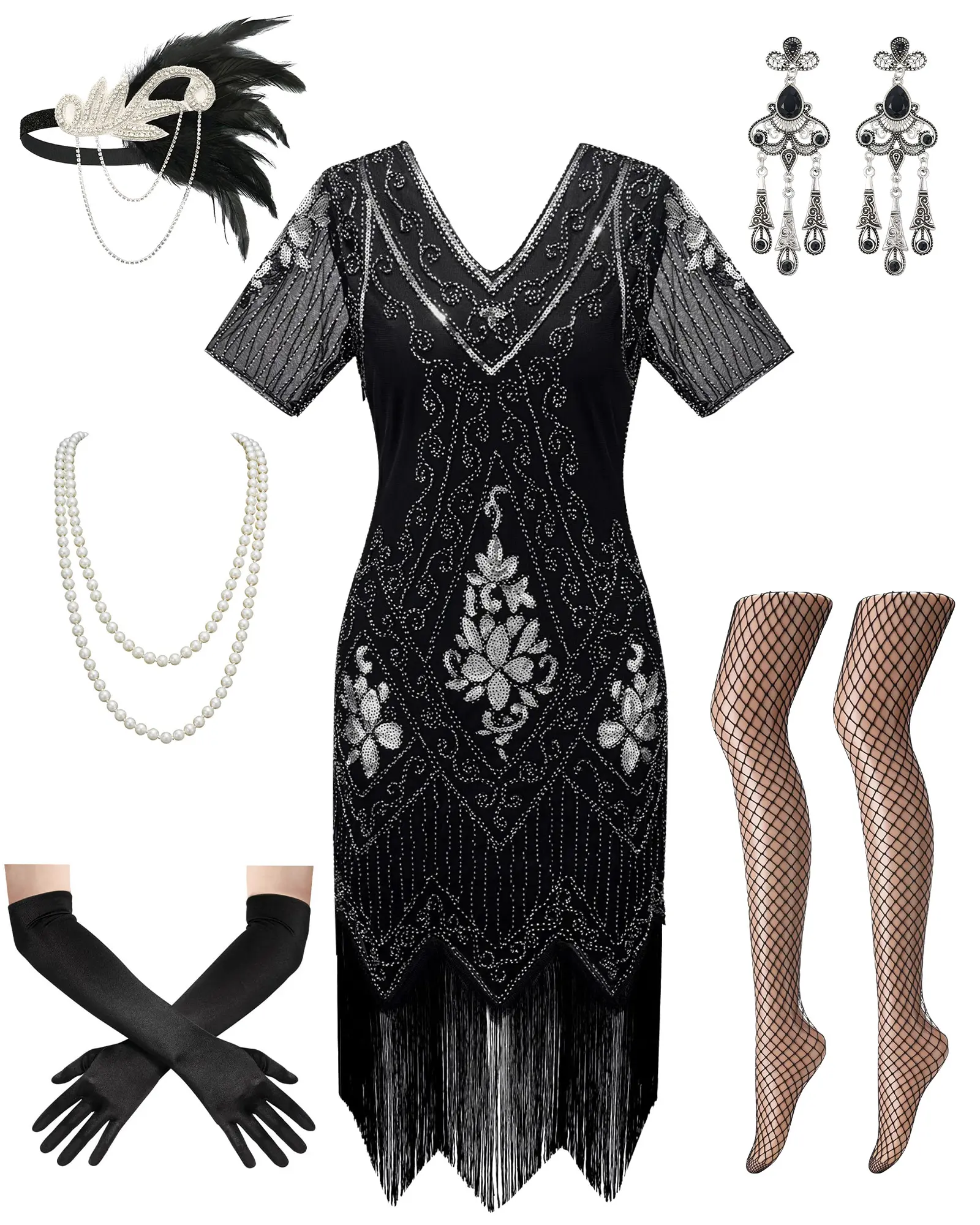 Women 1920s Flapper Dress Great Gatsby Costume Set, Roaring 20s Beaded Fringe Dress with Red Feather Headband, Pearl Necklace, Drop Earrings, Long Gloves & Fishnet Stockings, Vintage Party Cosplay Outfit