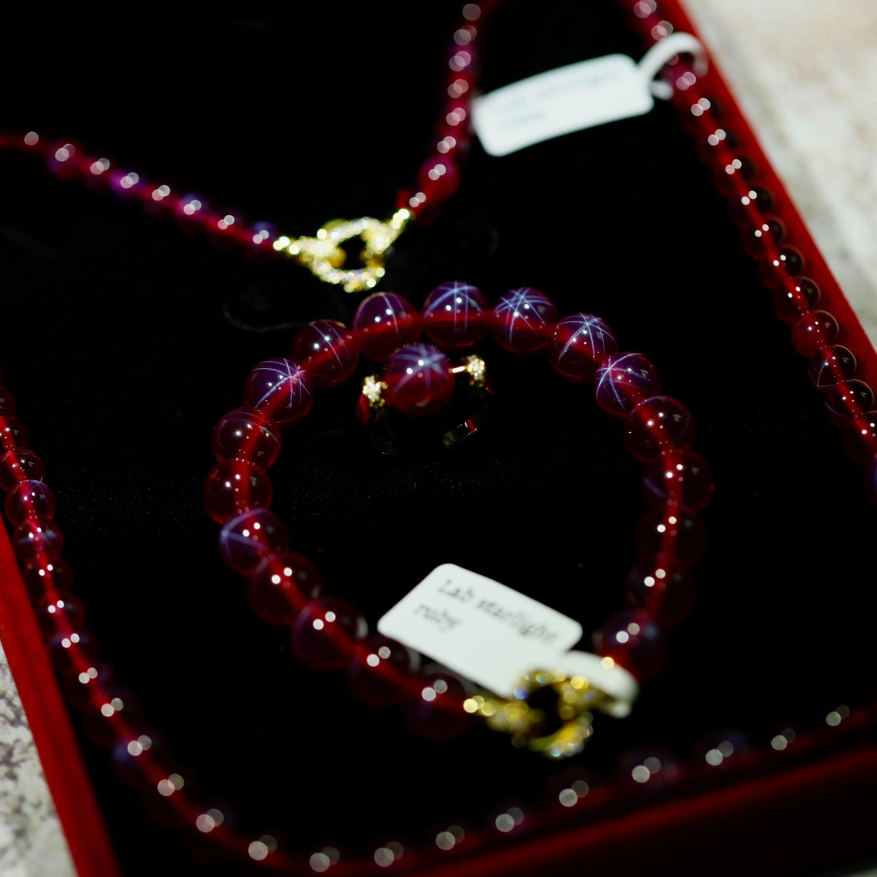 【YJJ JEWELRY-Star Ruby Three-Piece Set】Created Gemstone Classic Necklace set for Women Round Ball Beads Red Ruby Stone Synthetic