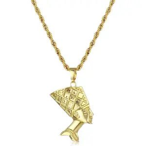 Egyptian Queen Nefertiti Necklace for Women Men  Plated Nefertiti Pendant with 3mm Rope Chain Necklace, Big and Small Head, 18"/20"