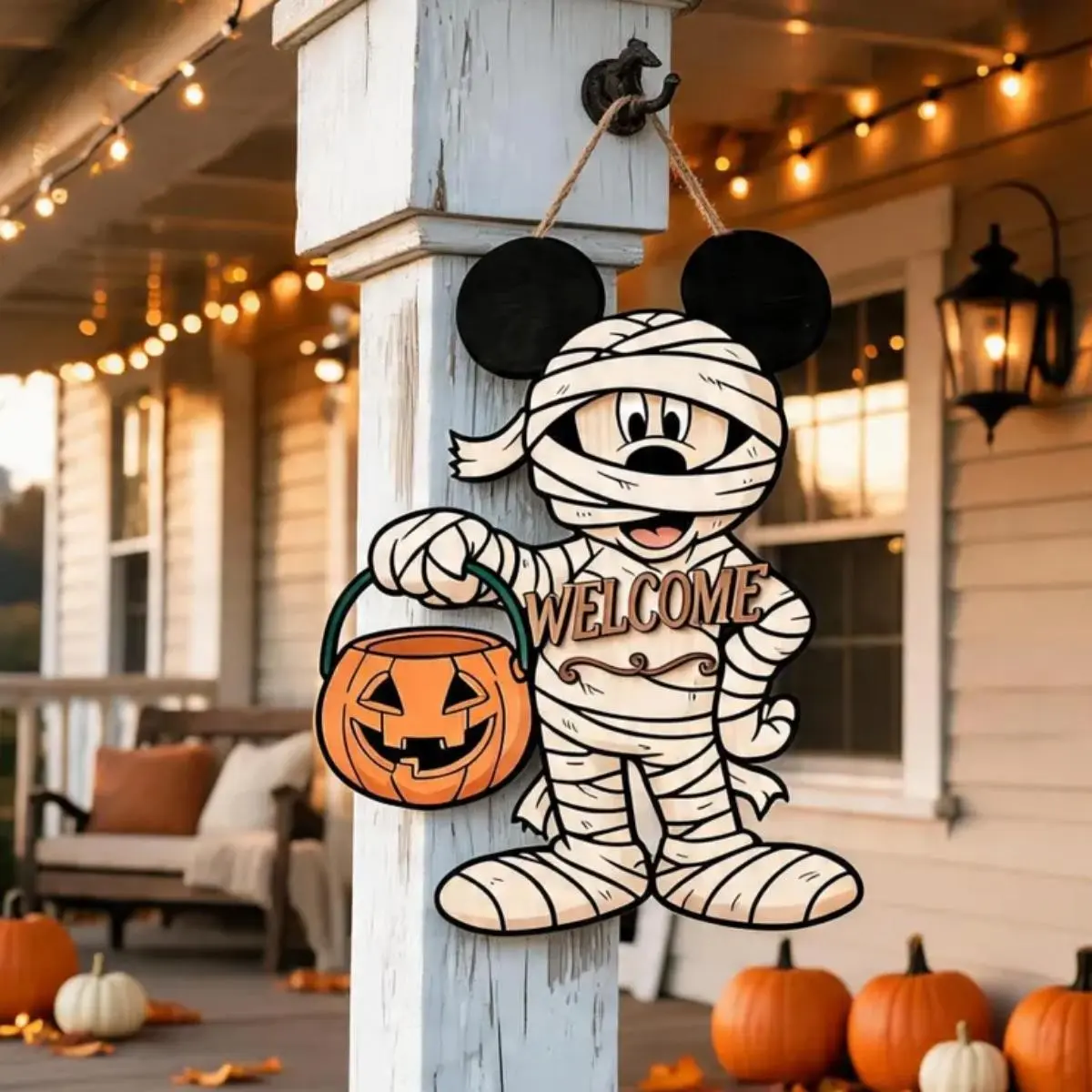 Halloween Mummy Flat Print Welcome Sign with Pumpkin Basket for Festive Home Decor