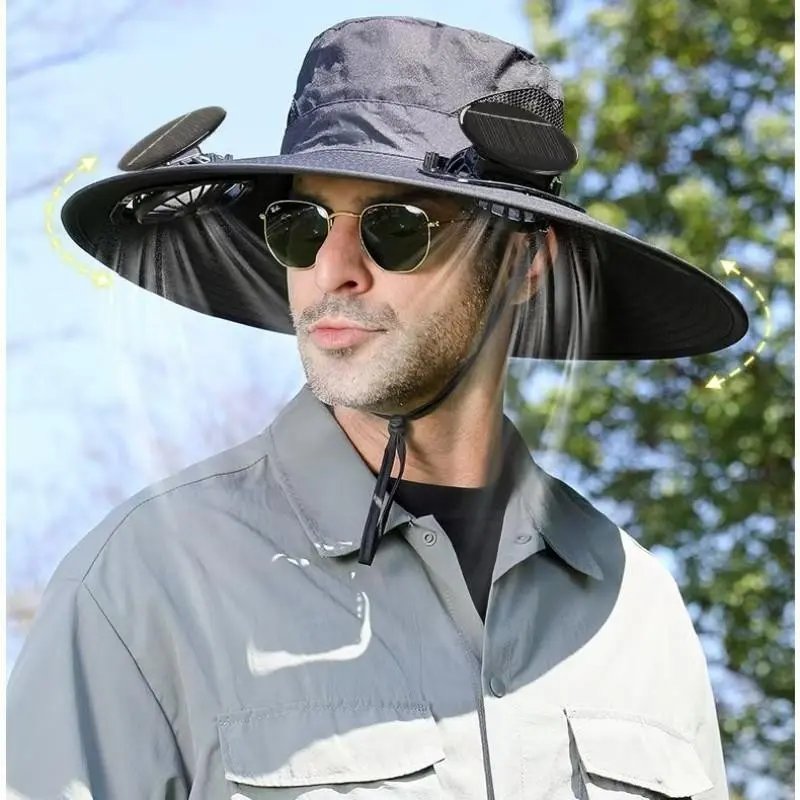 Summer Solar Powered Fan Hat, Cooling Hat, Large Brim Sunshade Hat for Men, Hiking Fishing Cap, Sunscreen Fishing Hat, Outdoor Protective Hat, Stylish Summer Accessory, Polyester Outdoor Headwear