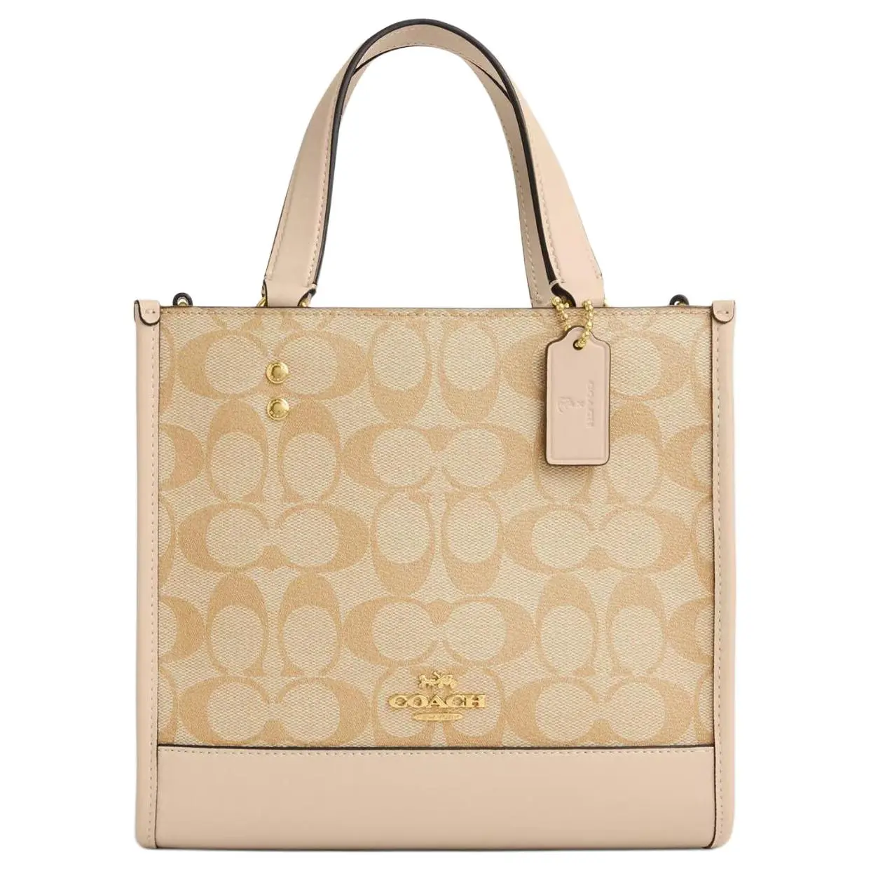 COACH Dempsey 22 Tote Bag for Women – Classic Monogram with Gold-Tone Snap, PVC and Leather, Small Size, Light Khaki