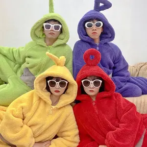 Cartoon Fleece Teletubbies Pajamas – Thick Warm Coral Fleece Loungewear, Cozy Winter Sleepwear Jumpsuit for Home Relaxing, Cute Soft Pajama Outfit for Daily Comfort