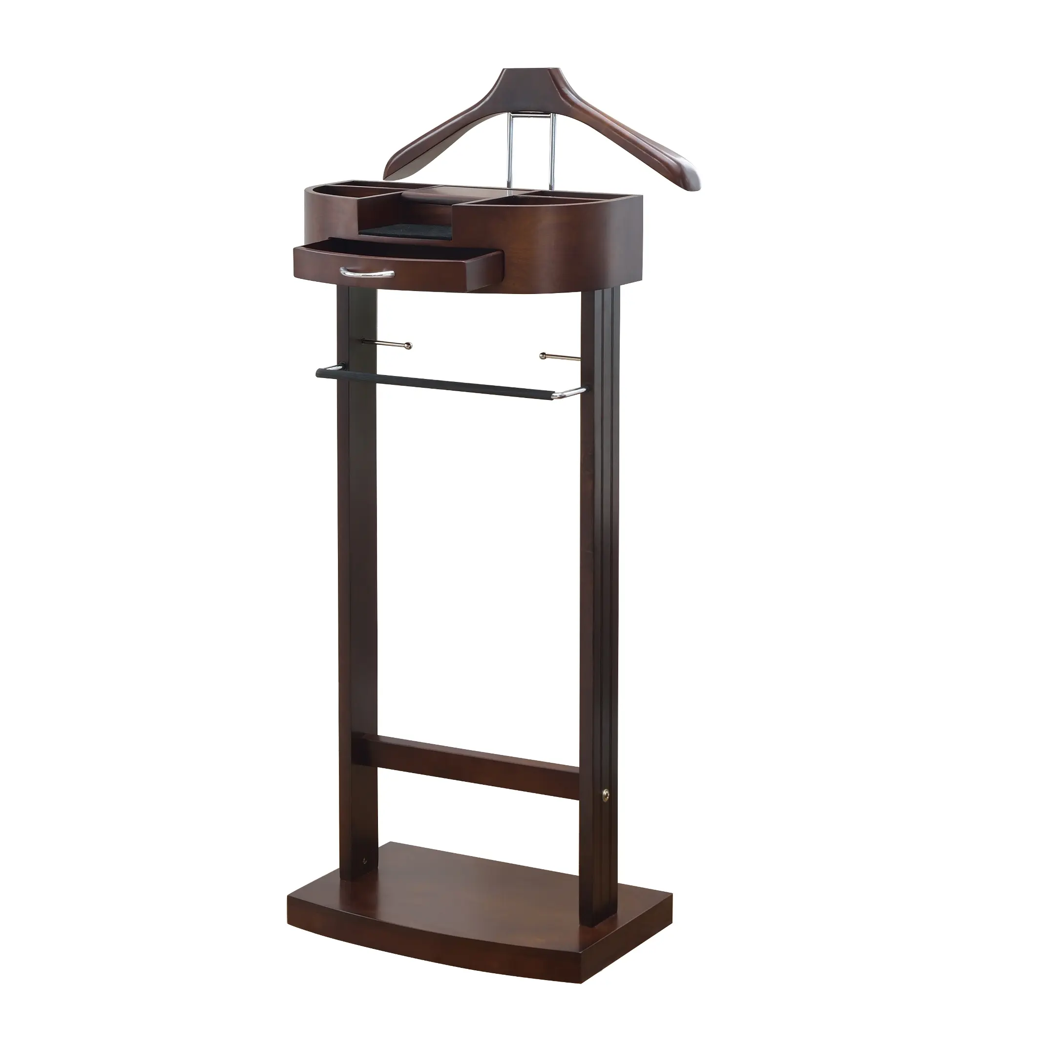Proman Products - Crescent Moon Valet Stand with Drawer, Top Tray, Contour Hanger, Trouser Bar, Belt Hooks, Accessory & Clothes Organizer (Mahogany)