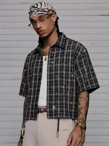 Black & White Plaid Short Sleeve Shirt with Sparkling Rhinestone Detailing, Relaxed Oversized Fit, Soft Breathable Fabric, Stylish Button Down Design, Perfect for Daily Casual Streetwear Outfits, Trendy Fashion Essential for Both Men and Women