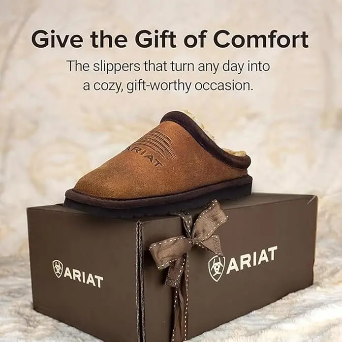 Ariat Men's Patriot Square Toe Slipper - Round Toe, Summer Plain Design, Genuine Suede Leather, Faux Shearling Lining, EVA Sole