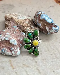 Handmade Sterling Silver Sonoran Mountain Turquoise with Palomino Turquoise Adjustable Ring, Signed Nizhoni (5)
