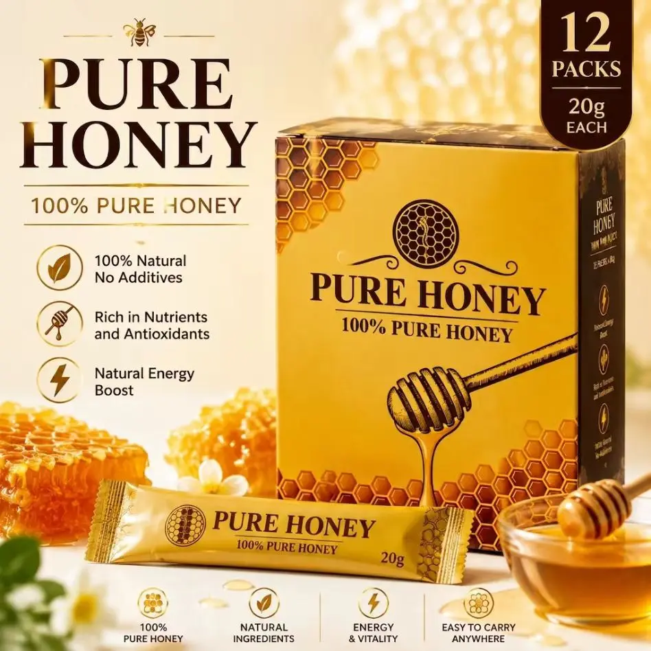 Natural Honey Sticks with Royal Jelly & Bee Pollen, 12 x 20g Single-Serve Sachets, for Daily Energy Support