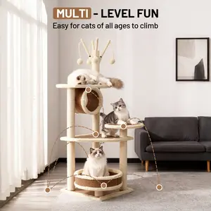 Multifunctional Rattan Cat Tree Condo - Scratching Posts, Wicker Baskets, Beds and Sturdy Stand for Indoor Large Adult Cats