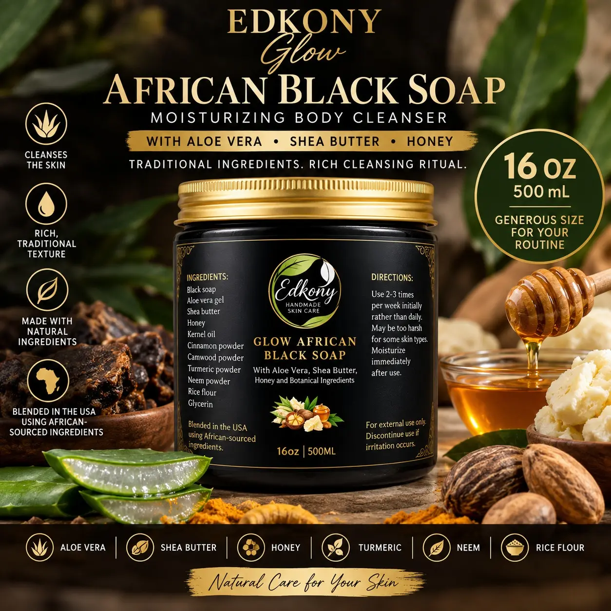 EDKONY Glow African Black Soap – Body Cleanser with Aloe Vera, Shea Butter & Honey, 16 oz