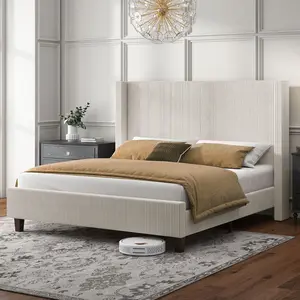 Amerlife Upholstered Platform Bed Frame - Corduroy Wingback Heavy-Duty King/Queen Size Bed with 50.8" Headboard, Solid Wood Legs, No Box Spring Needed, Indoor Furniture, Upholstered Platform Bedframe, King Size Bed Frame