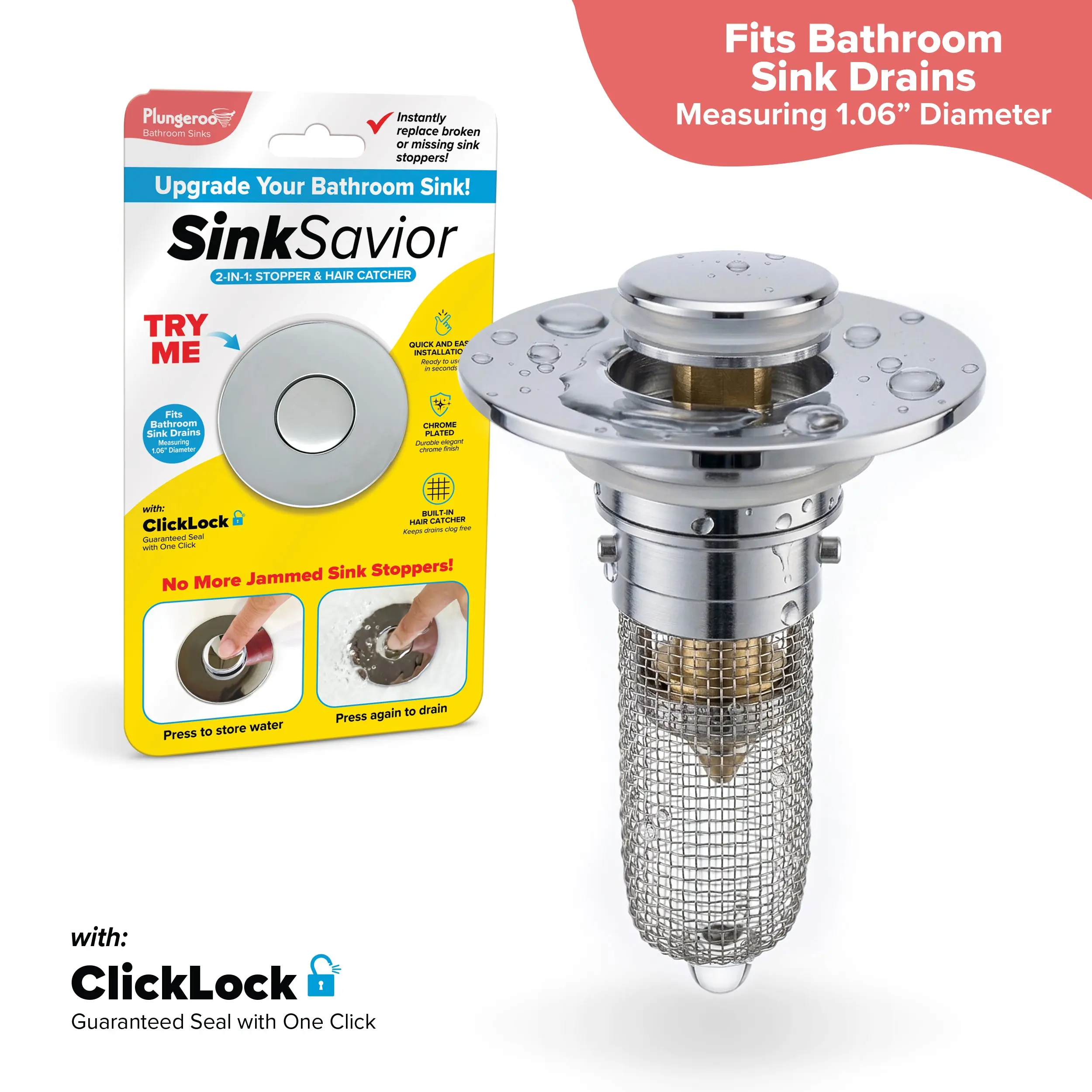 Plungeroo Sink Savior™ 2-in-1 Drain Stopper & Hair Catcher | Easy Install, No Tools Needed Filter