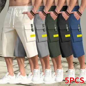 Pack of 5 men’s cargo shorts with an adjustable drawstring elastic waistband design, multiple practical pockets, flap side cargo pockets with large capacity, a casual, versatile style—an ideal everyday casual gift for a street-style boyfriend.,summervibes