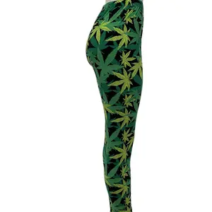 Women’s High Waisted Green Leaf Leggings, Marijuana Print, + Size Option Bottoms Soft Womenswear Fabric Fit Printed