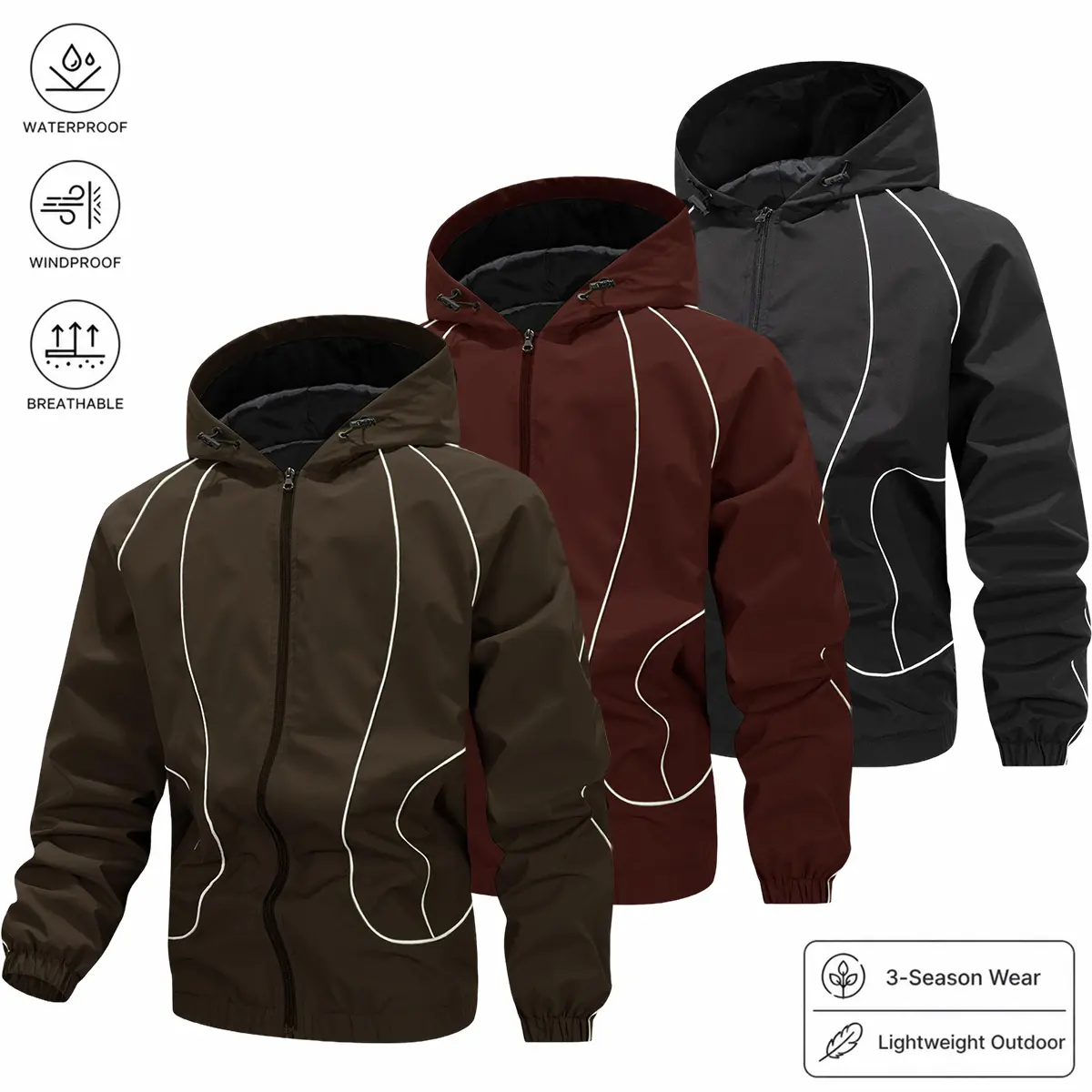 Men’s outdoor windproof jacket, lightweight sports windbreaker with abrasion resistance, hooded design with striped pattern, suitable for mountaineering, hiking, cycling, sports, and everyday wear.