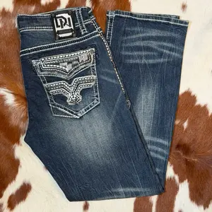 Boot Jeans 010 - Men's Dark Blue Denim with Distressed Look and Embroidered Pocket Design