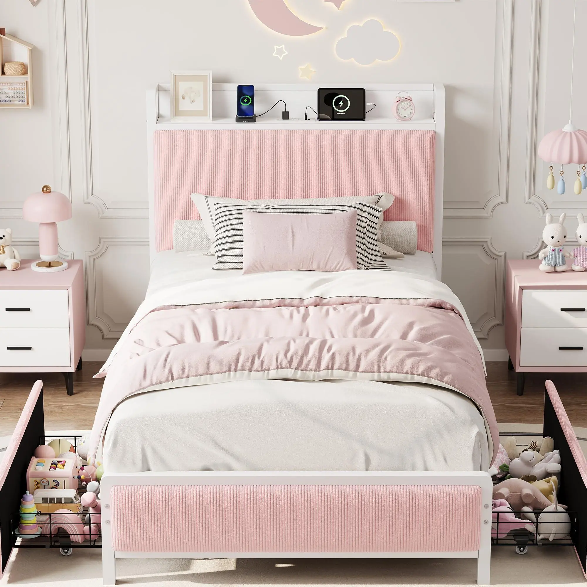 Gaomon Twin Size Blush Pink Rustic Linen Upholstered Platform Bed Frame with Storage Headboard, 2 Drawers, Charging Station, Storage Organization, No Box Spring Needed, Easy Assembly, Noise-Free