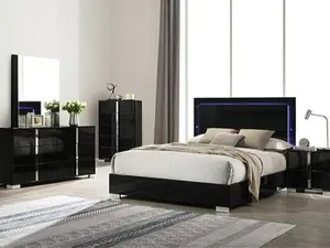 FM7211BK-4PC Sinistra Black Glossy Finish Wood LED Accents Headboard Queen Bedroom Set with Silver Metal Handles 4-Piece Modern Chic Design