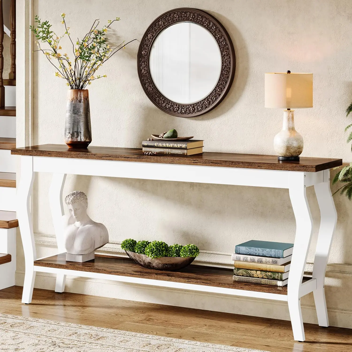 LITTLE TREE 70.9 Inches Extra Long Sofa Table Behind Couch, Vintage Console Entry Table with 2-Tier Storage for Hallway, Entryway, Living Room
