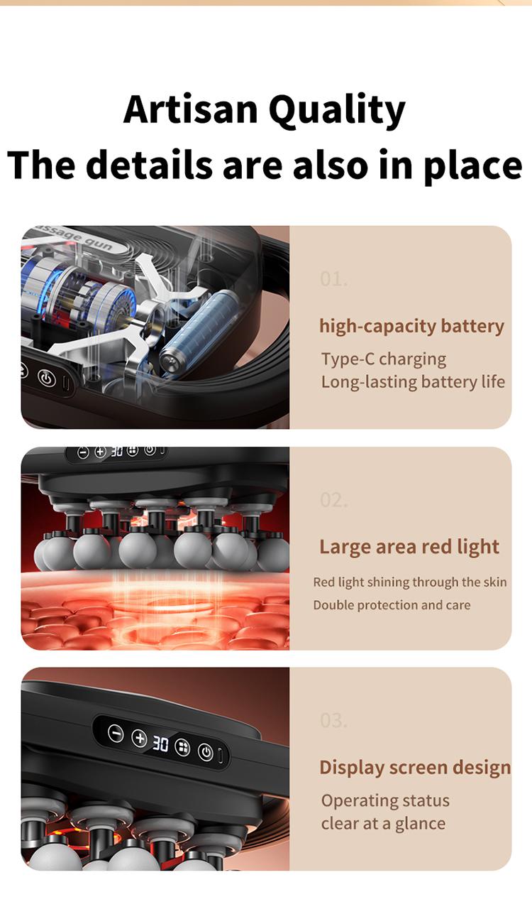 24 fascia guns with 3 modes to adjust 30 levels of massage vibration, used to relieve pain in the back, shoulders, legs, and feet. Equipped with a red light massage gun, it can be used as a gift to adjust daily fitness routines