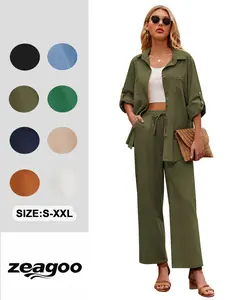 ZEAGOO Women's 2-Piece Linen Set - Button Down Shirt & Drawstring Long Pants, Summer Corporate Girlie Outfits, Black Friday Basic Fabric