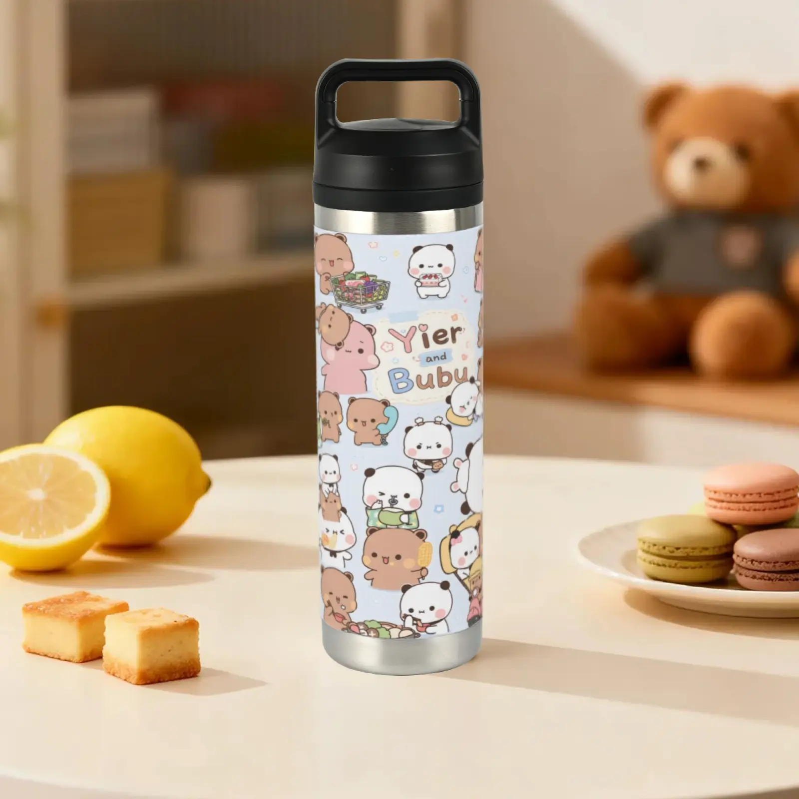 Yier and Bubu-a 20oz Double Wall Vacuum Insulated Tumbler - Leak-Resistant Handle Lid, Kawaii Anime Print, TikTok Viral Aesthetic Drinkware, Portable Straw Lid Cup, Viral Unboxing Gift for Everyday Use