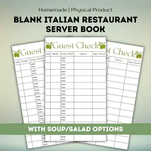 Italian Restaurant Guest Check Server Pad with soup and salad options to circle, server book for Italian and Pasta restaurants