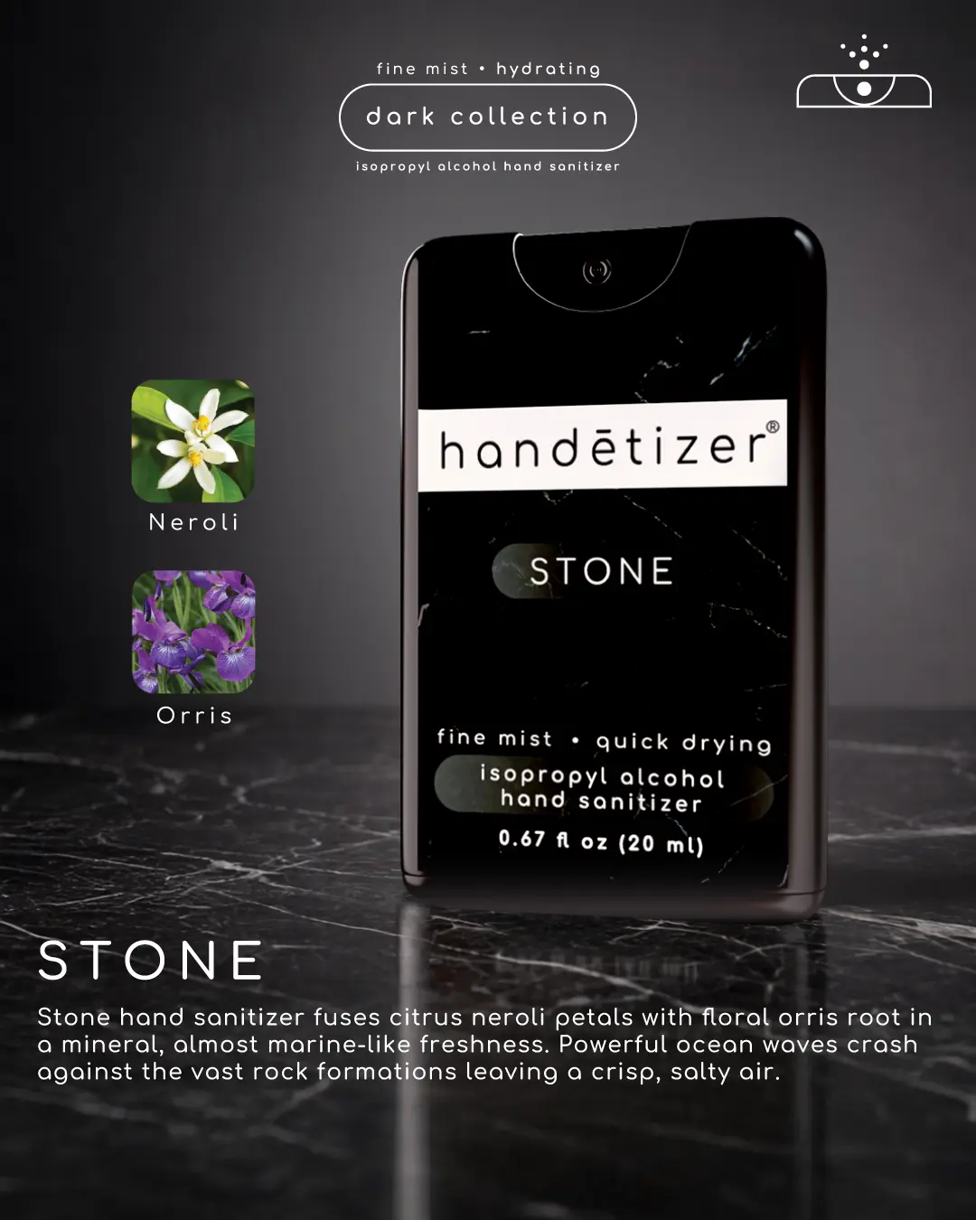Handetizer Stone Fragrance - Citrus Neroli Petals & Floral Orris Root Scent Marble Texture Mister Packaging