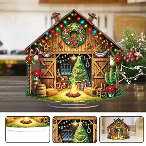 Xmas Scene DIY 2D Flat Acrylic Diamond Painting Desktop Ornaments Kit with Special Shaped Brighten Rhinestones 5D DIY Diamond Art Tabletop Decorations Single Side 24*22cm for Adults Christmas Ornament