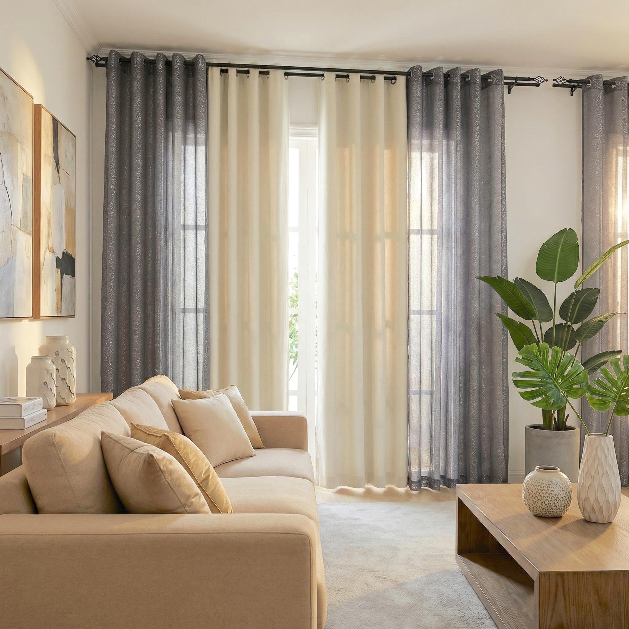 Curtain Club 8 Panels 52x84inch Curtain Fabric + Chiffon Set: 4 panels are plain blackout fabric, 4 panels are chiffon. With silver heat transfer finish, allowing light to pass through. The set can provide both blackout and decorative effects. FT2599+L28 Curtain Club 8 Panels 52x84inch Curtain Fabric + Chiffon Set: 4 panels are plain blackout fabric, 4 panels are chiffon. With silver heat transfer finish, allowing light to pass through. The set can provide both blackout and decorative effects. FT2599+L28