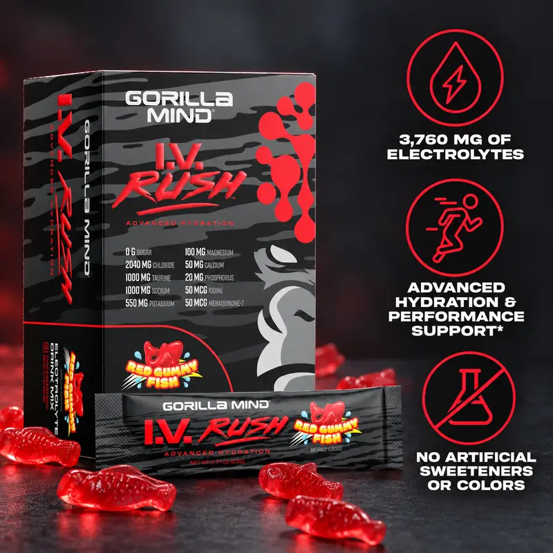 Gorilla Mind I.V. Rush Advanced Hydration Stick Packets - 12 Servings Electrolyte Powder, Sugar Free Clean Fitness Supplement, Natural Energy Recovery & Hydration Drink, Fasting Friendly for Adults