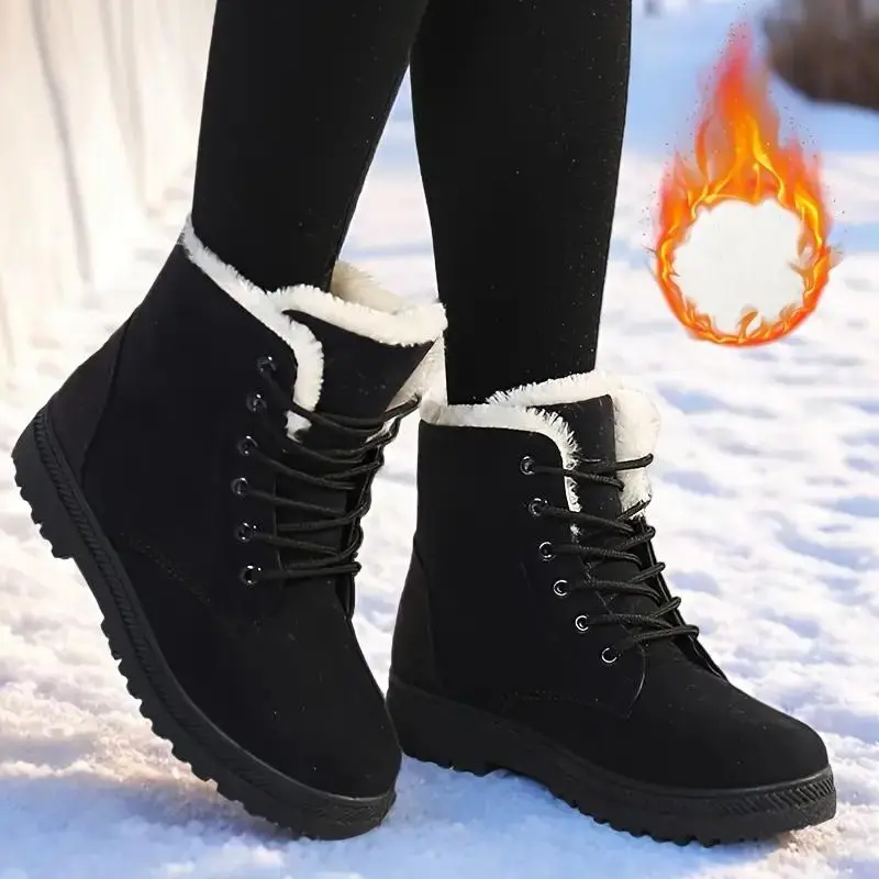 Women's Stylish Casual Plain Insulated Ankle Booties - Fur Lined Snow Boots, Round Toe, Plush Lined, Warm Slip-On Winter Women's Shoes for Snowy Days Footwear