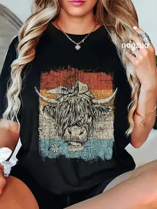 100% Cotton Scottish Highland Cow Cattle Hairy Cow Flowers Woman T-Shirt