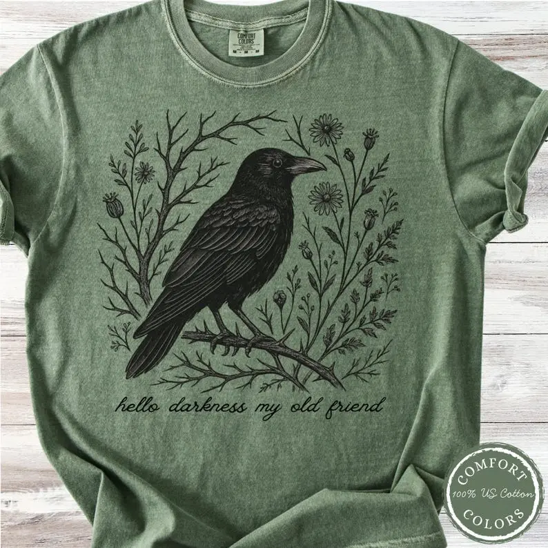 Comfort Color Crow T-shirt, Floral Raven Hello Darkness My Old Friend T-shirt, Gothic Nature Lover Gift, Comfort Colors, Flowers And Crows T-shirt