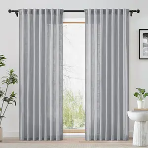 Linen Semi Sheer Curtains 84 Inches Long for Bedroom, Grey Pleated Curtains for Living Room, Light Filtering Farmhouse Window Drapes Rod Pocket Back Tab 2 Panels Set