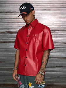 Men’s Red PU Leather Jacquard Button-Up Shirt – Casual Short Sleeve Fashion Shirt for Teens funny shirts for men tiktok store shop funny shirts dad gifts christmas male clothing shop tiktok store christmas shirt boyfriend gifts