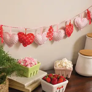 Gingham Love in Bloom Ready-to-Hang Stuffed Heart & Bow Garland, 7 ft.