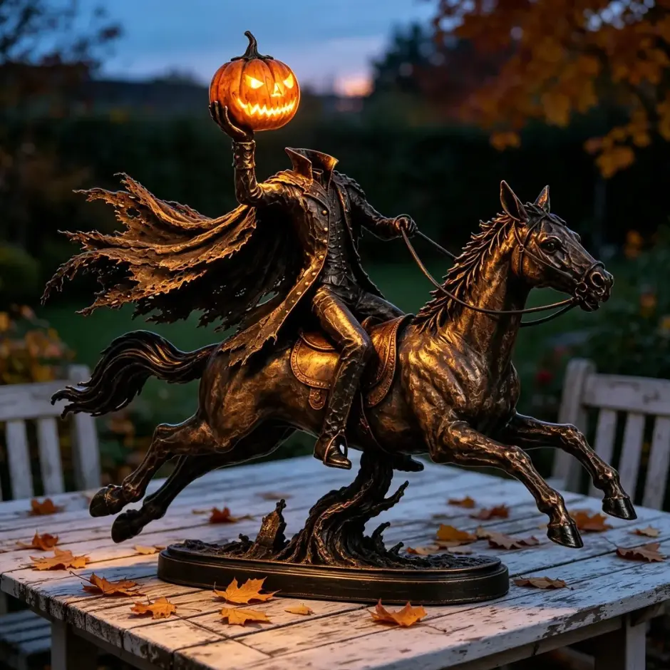 Headless Horseman with Glowing Pumpkin Statue, Spooky Legend of Sleepy Hollow Sculpture, Resin Halloween Tabletop Decor, Gothic Horror Ornament for Home, Desk or Party Centerpiece, Unique Collector Gift for Horror & Fantasy Fans