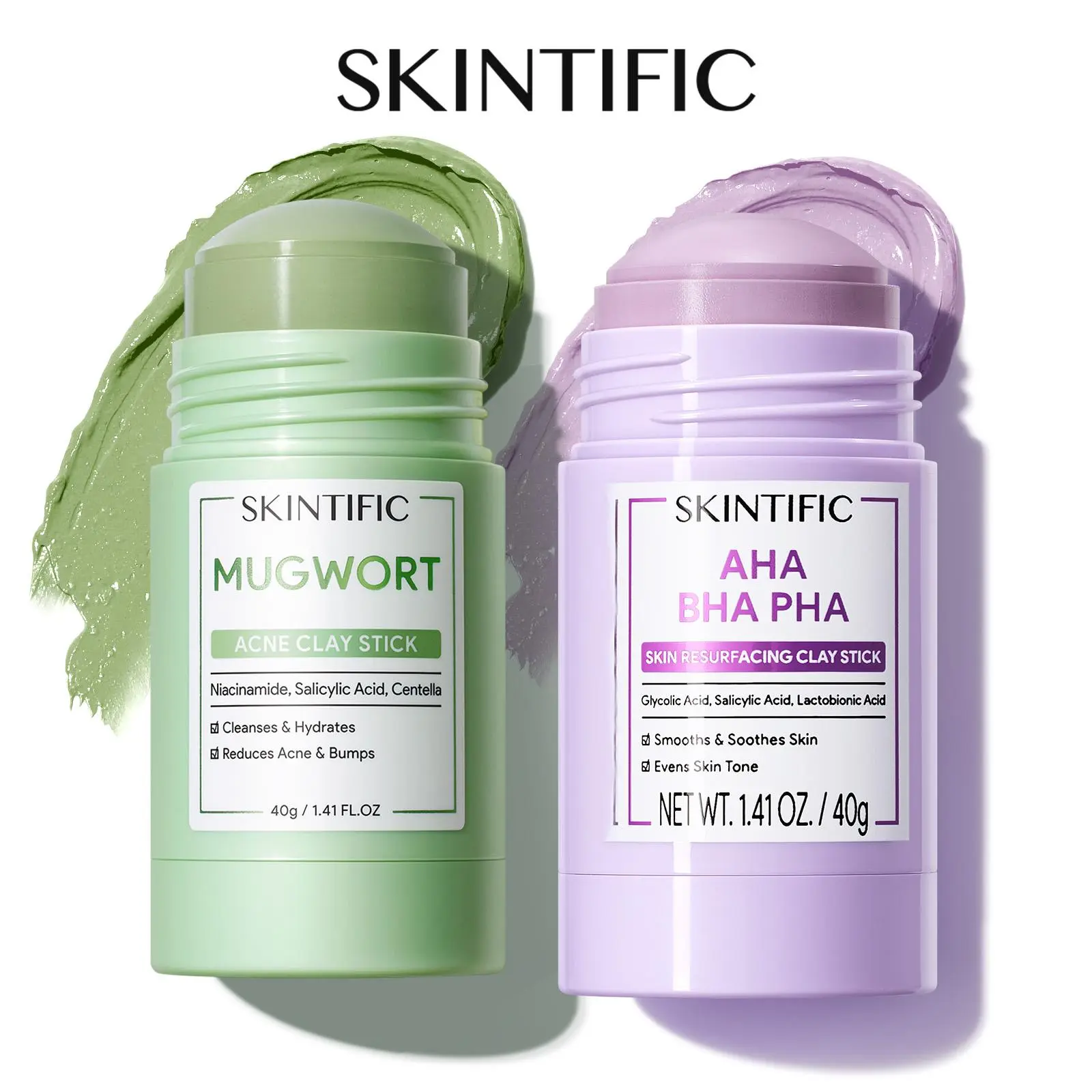 SKINTIFIC Clay Stick 2PCS Combo – Skin Resurfacing / Mugwort Clarifying / Volcano Detox / Bright Boost Even Tone Deep Pore Cleansing Oil Control Non-Stripping